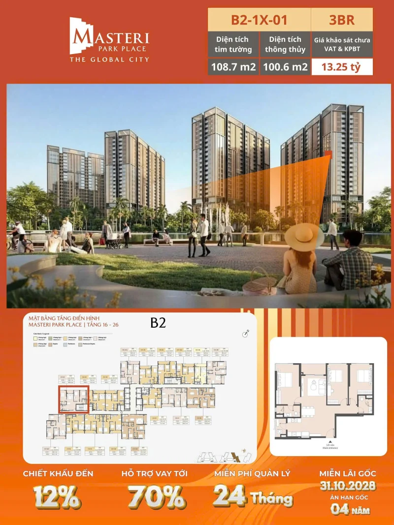 Chi tiết giá căn 2PN Masteri Park Place tòa B2 căn 1x-01