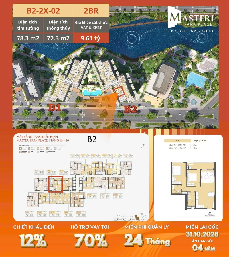 Chi tiết giá căn 2PN Masteri Park Place tòa B2 căn 2x-02