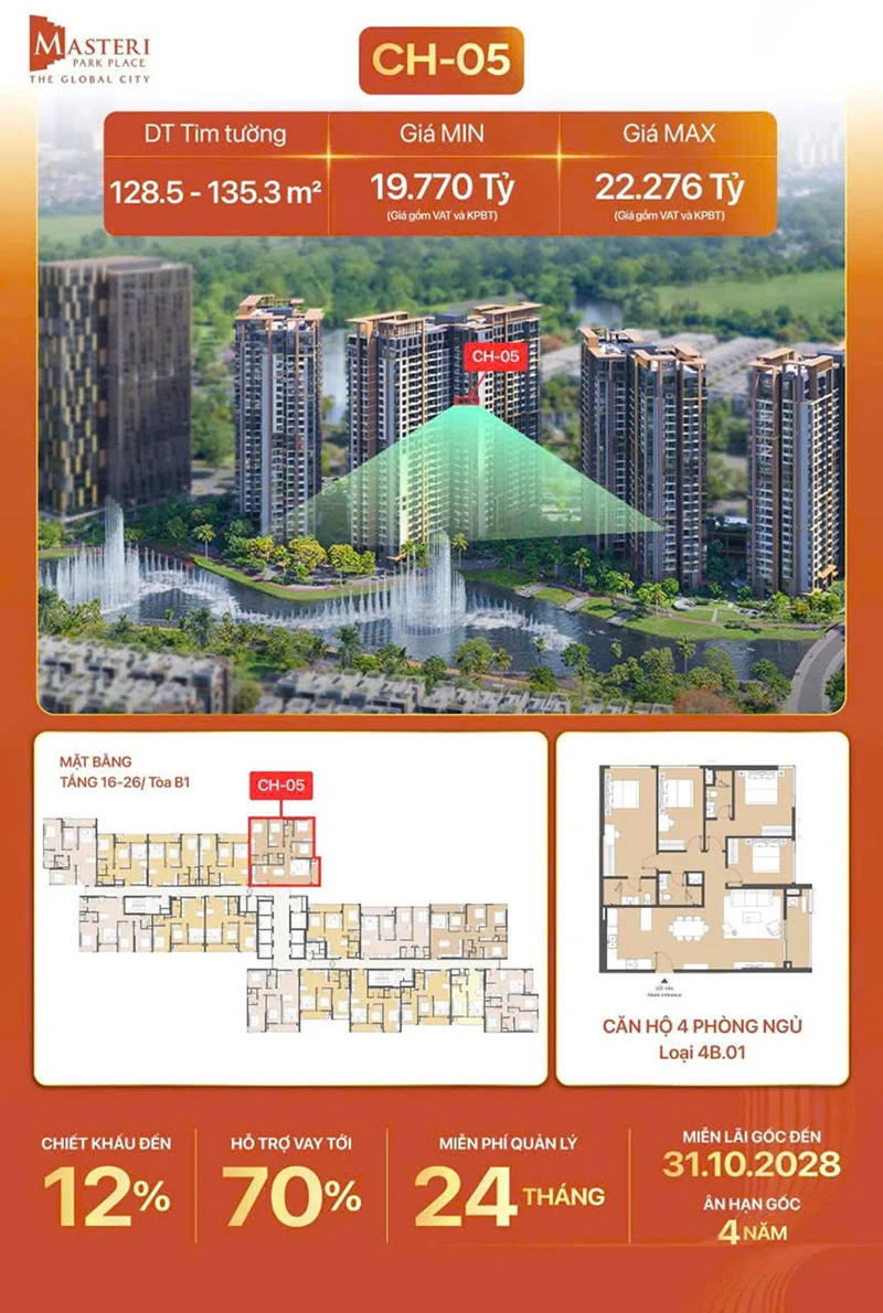 Mã căn Masteri Park Place đặc biệt view nhạc nước ch 05 tang 16 - 26 toa b1 4pn