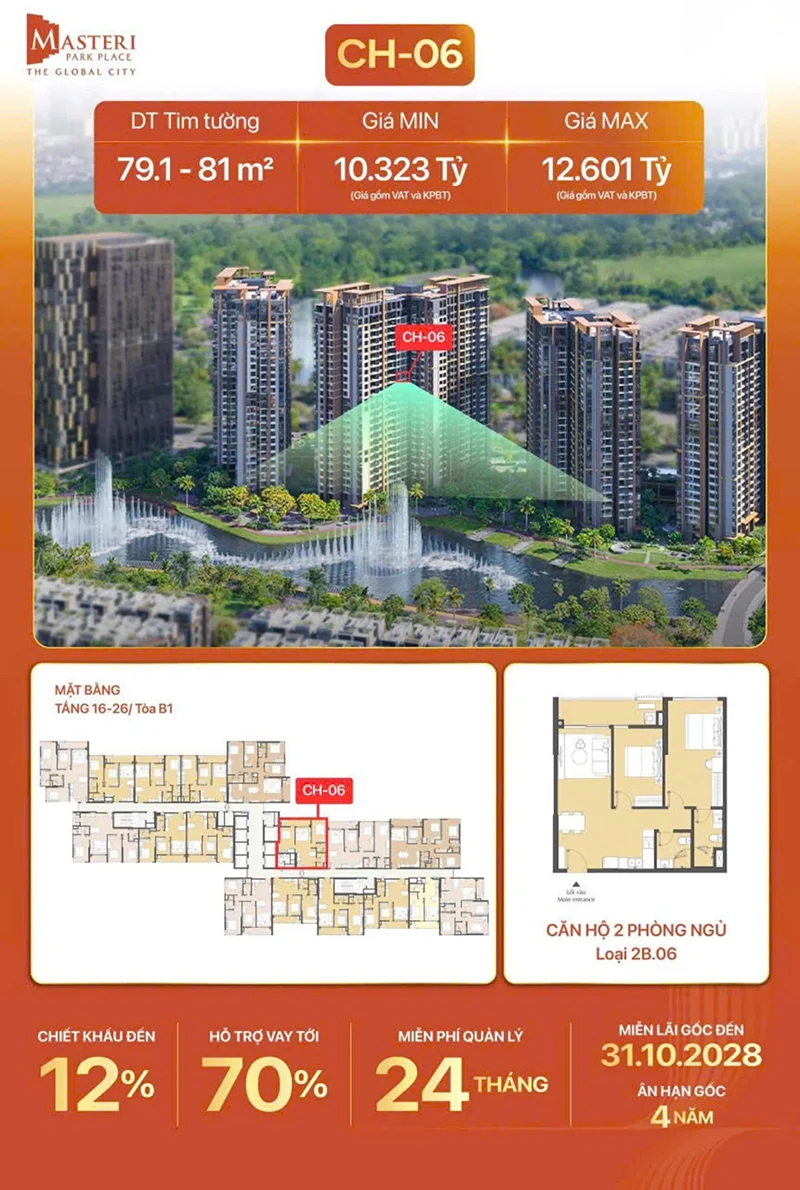 Mã căn Masteri Park Place đặc biệt view nhạc nước ch 06 tang 16-26 toa b1 2pn