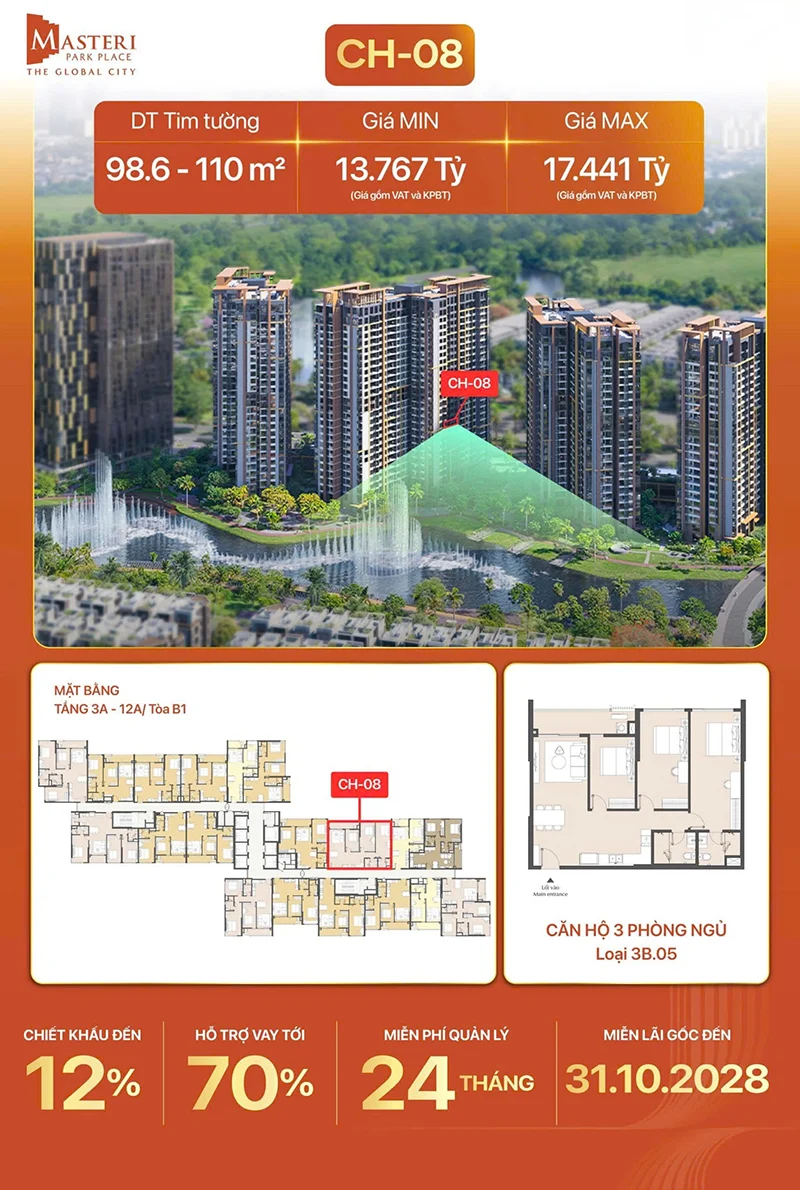 Mã căn Masteri Park Place đặc biệt view nhạc nước ch 08 tang 3a-12a toa b1 3pn
