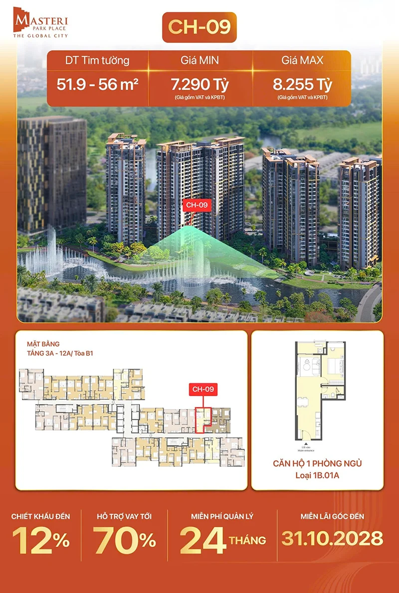 Mã căn Masteri Park Place đặc biệt view nhạc nước ch 09 tang 3a-12a toa b1 1pn