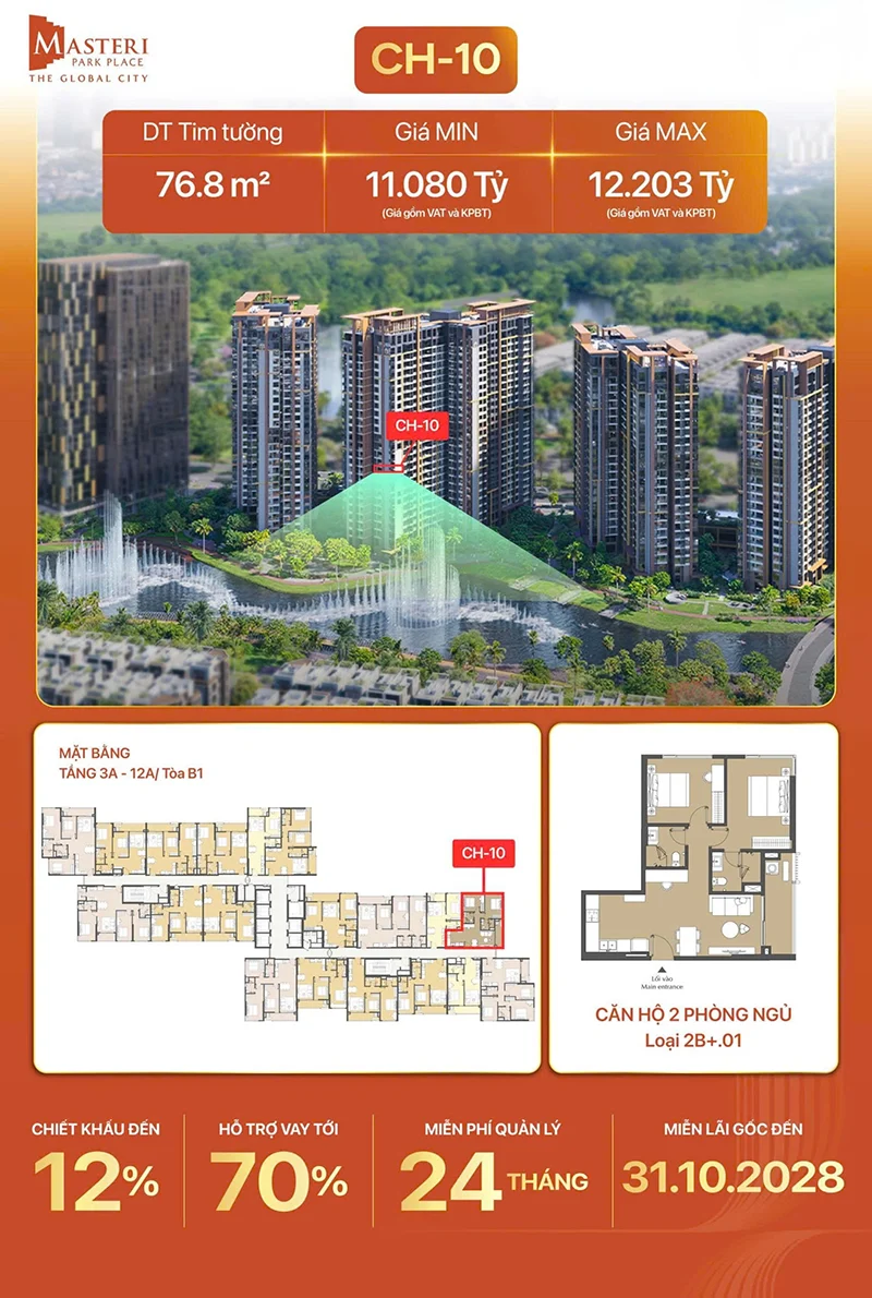 Mã căn Masteri Park Place đặc biệt view nhạc nước ch 10 tang 3a-12a toa b1 2pn plus